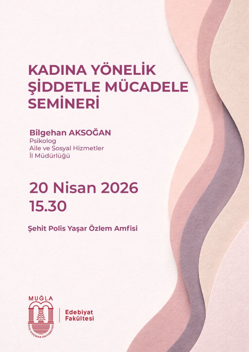 Görsel, açık pembe-beyaz tonlarda bir afiştir. Sağ tarafta, dalga biçimli ve pembe-gri renk geçişli soyut bir arka plan formu bulunur. Afişin sol tarafında başlık, konuşmacı bilgisi, tarih/saat ve etkinlik yeri yer alır.  Üst bölüm / Başlık: “KADINA YÖNELİK ŞİDDETLE MÜCADELE SEMİNERİ”  Konuşmacı ve kurum bilgisi:  “Bilgenan Aksoğan” “Psikolog” “Aile ve Sosyal Hizmetler İl Müdürlüğü” Tarih ve saat:  “20 Nisan 2026” “15.30” (15:30) Yer (mekân) bilgisi: “Şehit Polis Yaşar Özlem Amfisi”